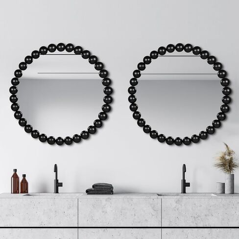 24 Inch Round Gold Wall Mirror Decorative Wall Mounted Mirror with Wood Beads – Decorative Circle Beaded Mirror for Bathroom, Living Room, Entryway, Bedroom, and Modern Farmhouse Wall Decor (Gold) in Saudi Arabia