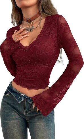 Lace Tops for Women Going Out Bell Long Sleeve Eyelash Floral V Neck See Through Crop Blouses Shirts 2025 Fall Trendy in Saudi Arabia