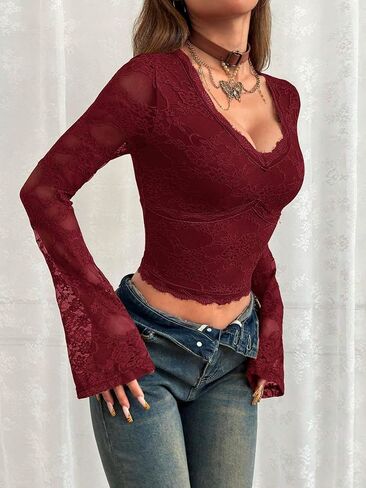 Lace Tops for Women Going Out Bell Long Sleeve Eyelash Floral V Neck See Through Crop Blouses Shirts 2025 Fall Trendy in Saudi Arabia