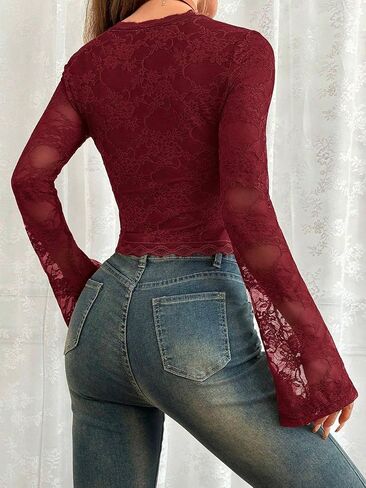 Lace Tops for Women Going Out Bell Long Sleeve Eyelash Floral V Neck See Through Crop Blouses Shirts 2025 Fall Trendy in Saudi Arabia
