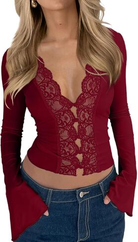 CSDAJIO Women's Long Sleeve Lace Tops for Women Deep V Neck Button Up Open Front Sexy Going Out Slim Fit Shirt in Kuwait