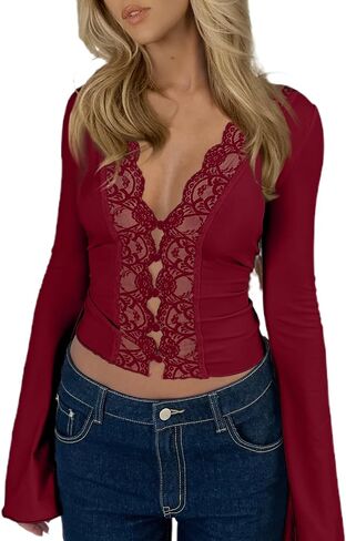 CSDAJIO Women's Long Sleeve Lace Tops for Women Deep V Neck Button Up Open Front Sexy Going Out Slim Fit Shirt in Kuwait