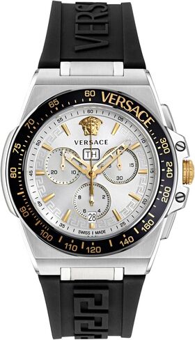 Versace Greca Extreme Chrono Collection Luxury Mens Watch Timepieces with a Black Strap featuring a Stainless Steel Case and a Silver Dial in Saudi Arabia