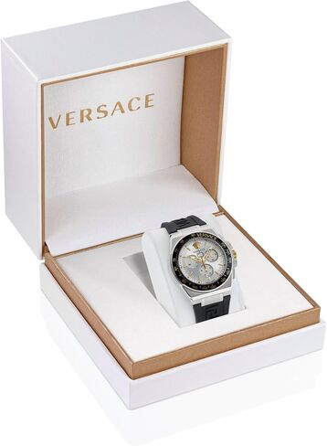 Versace Greca Extreme Chrono Collection Luxury Mens Watch Timepieces with a Black Strap featuring a Stainless Steel Case and a Silver Dial in Saudi Arabia