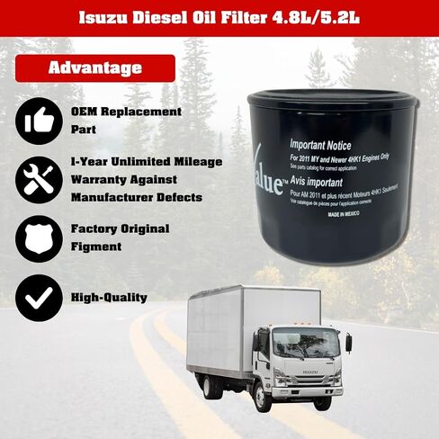 FleetValue Isuzu Diesel Oil Filter, part# 2-94654-200-0 or gm part#94654200, for 2011-2026 Isuzu 4HK1 Diesel 4.8L/5.2L (RJS, RQD) Engines, OEM Replacement, Fleet Maintenance, 1ct in Saudi Arabia