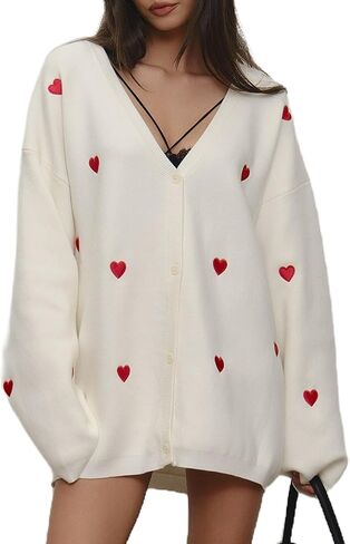 Women's Heart Pattern Cardigan Sweater V-Neck White with Red Hearts Long Sleeve Knit Cardigan for Women in Saudi Arabia