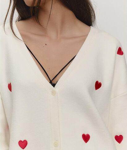Women's Heart Pattern Cardigan Sweater V-Neck White with Red Hearts Long Sleeve Knit Cardigan for Women in Saudi Arabia