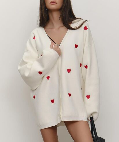 Women's Heart Pattern Cardigan Sweater V-Neck White with Red Hearts Long Sleeve Knit Cardigan for Women in Saudi Arabia