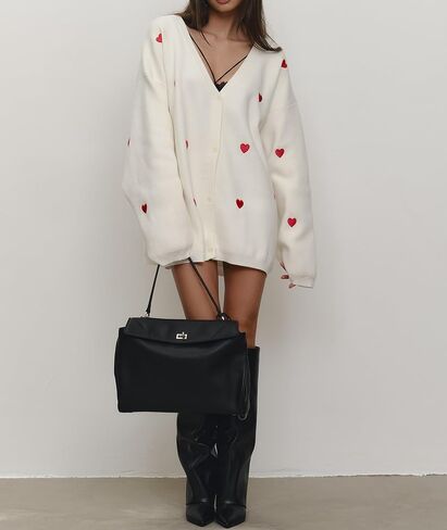 Women's Heart Pattern Cardigan Sweater V-Neck White with Red Hearts Long Sleeve Knit Cardigan for Women in Saudi Arabia