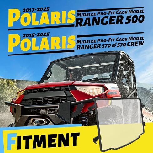الزجاج الأمامي KUAFU متوافق مع 2015-2025 Polaris Ranger 500 570 Crew متوسطة الحجم Pro-Fit Cage Model Window PC كامل الزجاج الأمامي in Saudi Arabia