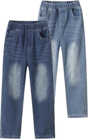 بنطال جينز للأولاد بخصر مطاطي متوسط ​​الطول ومغسول بطول كامل من قماش الدنيم المستقيم مقاس 3-12 سنة in Kuwait