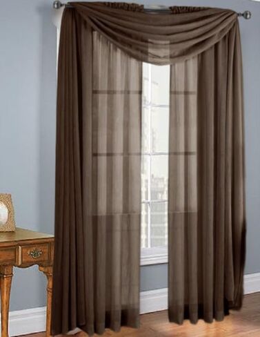 3 Piece Wide Sheer Voile Scarf Valance Window Curtain 1 Scarf and 2 Tiers Lily (Taupe Tan) in Saudi Arabia