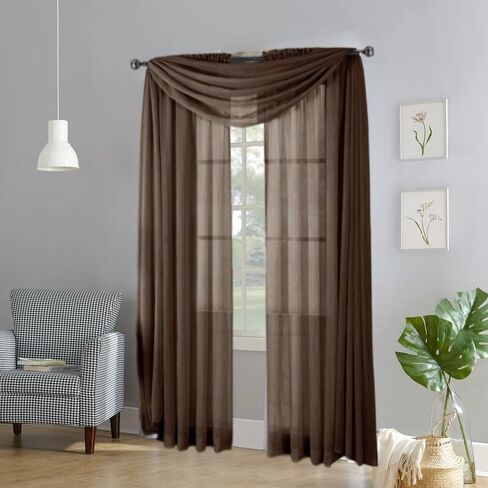 3 Piece Wide Sheer Voile Scarf Valance Window Curtain 1 Scarf and 2 Tiers Lily (Taupe Tan) in Saudi Arabia