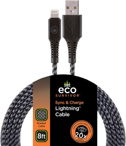 EcoSurvivor USB-A to Lightning Cable, 4 ft., Durable, Braided Cord, Tangle Free, Apple Certified, Compatible with iPhones, iPads, Macbooks, Black/Gray, 50% Charity Give Back, 37597 in Saudi Arabia
