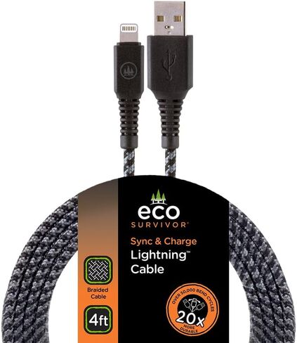 كابل EcoSurvivor USB-A إلى Lightning، بطول 4 أقدام، متين، سلك مضفر، خالٍ من التشابك، معتمد من Apple، متوافق مع أجهزة iPhone، iPad، Macbook، أسود/رمادي، 50% من العطاء الخيري، 37597 in Saudi Arabia