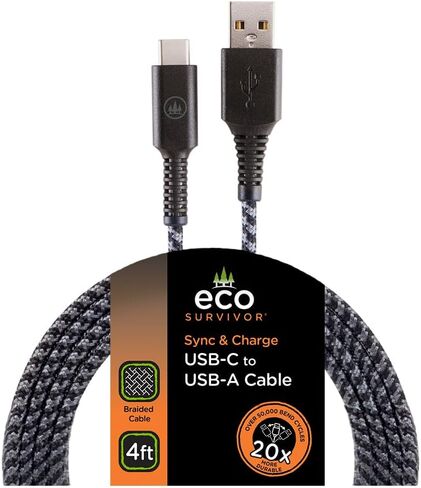 EcoSurvivor USB-A to Lightning Cable, 4 ft., Durable, Braided Cord, Tangle Free, Apple Certified, Compatible with iPhones, iPads, Macbooks, Black/Gray, 50% Charity Give Back, 37597 in Saudi Arabia
