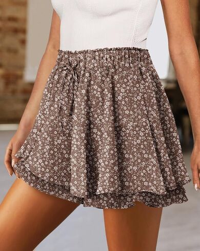 المرأة الصيف فضفاضة كشكش عالية الخصر الرباط السراويل بوهو الأزهار Skorts Flowy Skorts التنانير للنساء متأنق عادية in Saudi Arabia