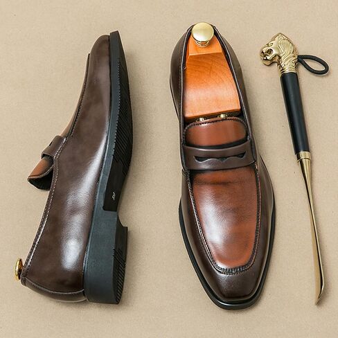 Men's Two-Tone Leather Penny Loafers Slip-On Dress Shoes for Office & Casual Soft Comfortable Moccasins in Kuwait