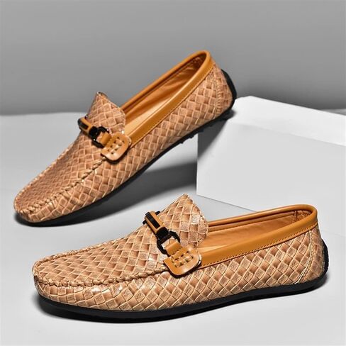 HOOENG Mens Loafers Shoe Moccasins Shoes Flat Heel Plaid PU Leather Flat Heel Anti-Slip Comfortable Fashion Prom Slip On in Saudi Arabia