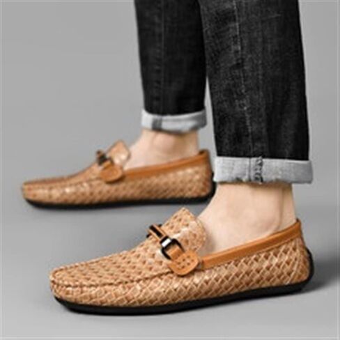 HOOENG Mens Loafers Shoe Moccasins Shoes Flat Heel Plaid PU Leather Flat Heel Anti-Slip Comfortable Fashion Prom Slip On in Saudi Arabia