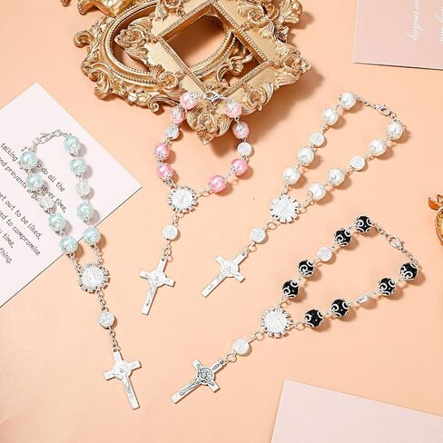 4 Pcs Car Rosary Cross Pendant Interior Car Accessories Rear View Mirror Cross Blessing Beads Decor Auto Rearview Catholic Rosary Hanging Charm for Woman Men Personalized Ornament in Saudi Arabia