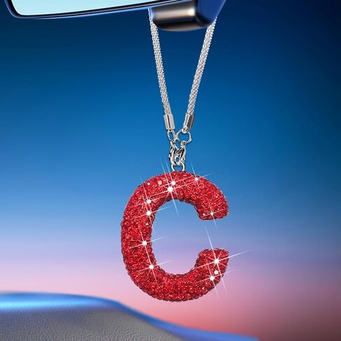 حرف C بلينغ مشرق الأحمر اكسسوارات السيارات الداخلية للنساء، الداخلية سحر مرآة الرؤية الخلفية لطيف كريستال قلادة زينة السيارة للرجال، هدايا محظوظة الماس حجر الراين in Kuwait