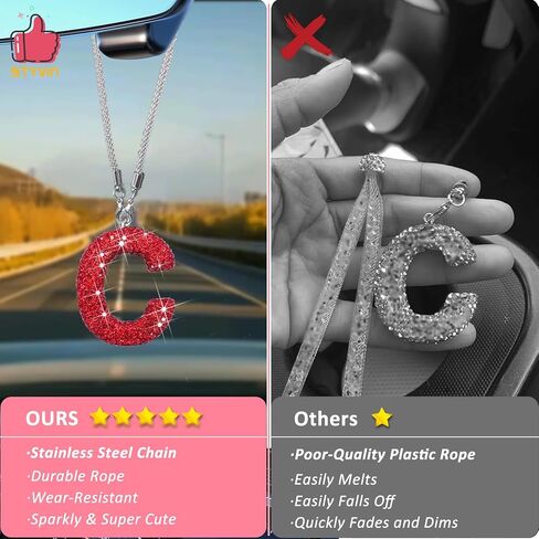 حرف C بلينغ مشرق الأحمر اكسسوارات السيارات الداخلية للنساء، الداخلية سحر مرآة الرؤية الخلفية لطيف كريستال قلادة زينة السيارة للرجال، هدايا محظوظة الماس حجر الراين in Kuwait