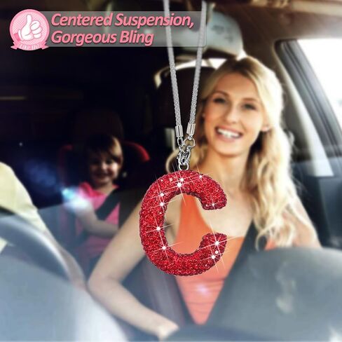 حرف C بلينغ مشرق الأحمر اكسسوارات السيارات الداخلية للنساء، الداخلية سحر مرآة الرؤية الخلفية لطيف كريستال قلادة زينة السيارة للرجال، هدايا محظوظة الماس حجر الراين in Kuwait