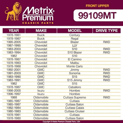 أجزاء الهيكل الفاخرة من Metrix - طقم عمود ذراع التحكم العلوي المكون من قطعتين يناسب 78-81 Buick Century، 95-05 شيفروليه بليزر RWD، 78-87 GMC Caballero، 98-00 Isuzu Hombre RWD، K6218، صنع في أوروبا in Saudi Arabia