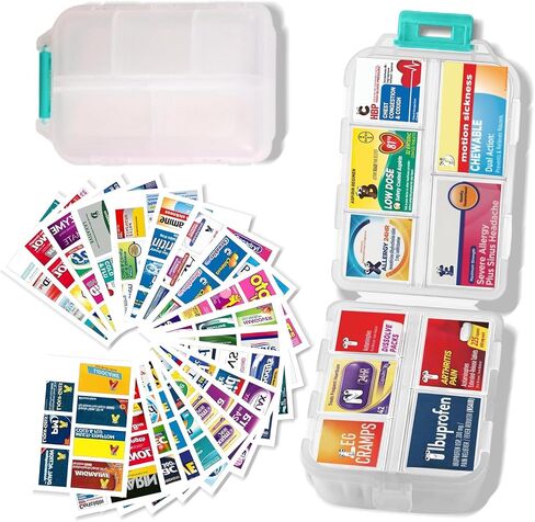 Medicine Labels with Pill Box Travel Daily Pill Container Mini Medication Organizer Storage Pill Organizer Travel Essentials Pill Case 7 Day Pill Dispenser(Blue & 161 Lables) in Saudi Arabia