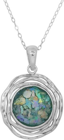 Sterling Silver Round Ancient Roman Glass Pendant Necklace with Textured Triple Frame and 18" Chain in Saudi Arabia