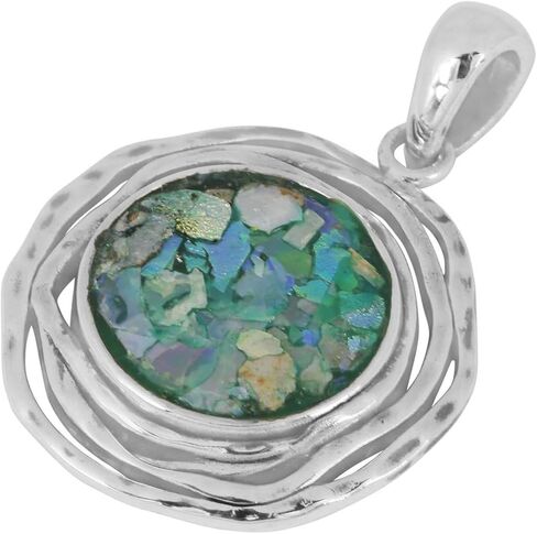 Sterling Silver Round Ancient Roman Glass Pendant Necklace with Textured Triple Frame and 18" Chain in Saudi Arabia