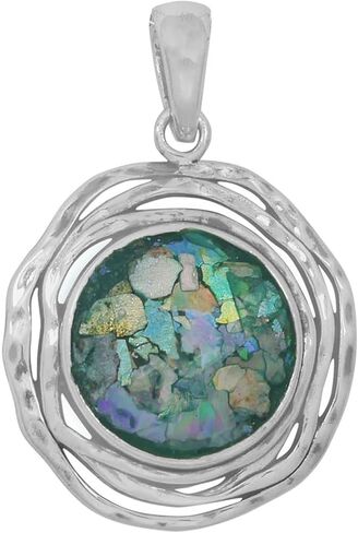 Sterling Silver Round Ancient Roman Glass Pendant Necklace with Textured Triple Frame and 18" Chain in Saudi Arabia