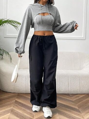 OYOANGLE Women's Cut Out Super Cropped Hoodie Long Sleeve Hooded Sweatshirt Pullovers with Cami Top in Saudi Arabia