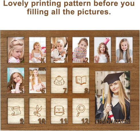 School Years Picture Frame Pre K to 12 Wooden Graduation Gift Collage Frame with Stand Easel, Displays One 4x6 and Twelve 2x3 Wallet Photos in Kuwait