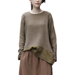Womens Linen Blouse Textured Tunic Long Sleeve High Low Gauze Shirt Casual Pullover Tops in Saudi Arabia