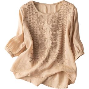 Embroidered Boho Tops for Women Trendy 3/4 Length Sleeve Cotton Linen Shirts Plus Size Fall Fashion Dressy Casual Blouses in Kuwait