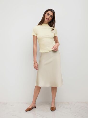 CIDER الساتان التنانير كشكش التحيز قطع ارتفاع الخصر طول الركبة تنورة ميدي تنورة حزب أنيقة in Kuwait