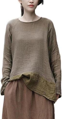 Womens Linen Blouse Textured Tunic Long Sleeve High Low Gauze Shirt Casual Pullover Tops in Saudi Arabia