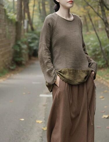 Womens Linen Blouse Textured Tunic Long Sleeve High Low Gauze Shirt Casual Pullover Tops in Saudi Arabia