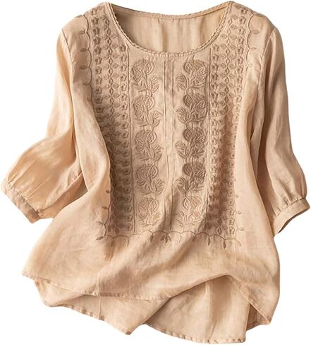 Embroidered Boho Tops for Women Trendy 3/4 Length Sleeve Cotton Linen Shirts Plus Size Fall Fashion Dressy Casual Blouses in Saudi Arabia