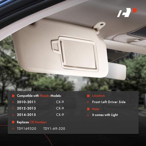 واقي الشمس من الجانب الأيسر للسائق A-Premium متوافق مع Mazda CX-9 CX9 2010 2011 2012 2013 2014 2015 - مع ضوء الغرور، مع مرآة الزينة، مع امتداد حاجب الشمس المنزلق، رمادي - يستبدل TDY1‑69‑320 in Saudi Arabia