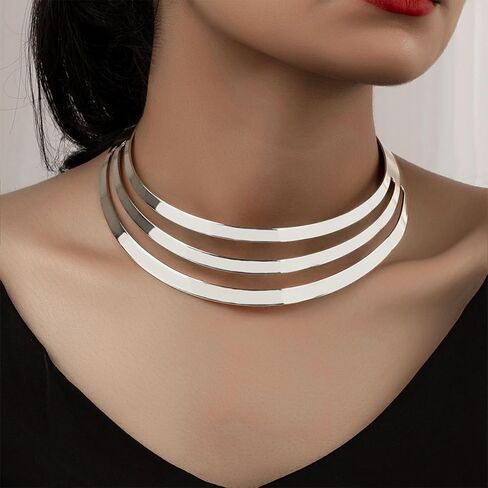 Large Chunky Gold Layered African Choker Necklaces for Women Statement, Exaggerated Silver Thick Wide Metal Necklace Western Ethnic Party Costume Jewelry in Saudi Arabia