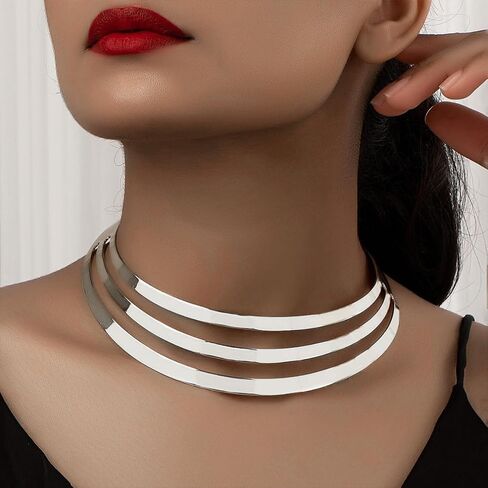 Large Chunky Gold Layered African Choker Necklaces for Women Statement, Exaggerated Silver Thick Wide Metal Necklace Western Ethnic Party Costume Jewelry in Saudi Arabia