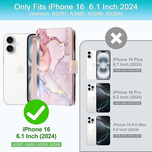 Fingic for iPhone 16 Case,for iPhone 16 Wallet Case for Women Girl[with 9 Card Holder]Marble Rose Gold PU Leather Detachable Wrist Strap Fullbody Slim Shockproof Flip Phone Case for iPhone 16,6.1"2024 in Kuwait