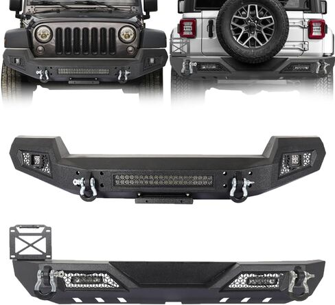 المصد الأمامي متوافق مع 2007 2008 2009 2010 2011 2012 2013 2014 2015 2016 2017 2018 Jeep Wrangler JK & Unlimited، مصد الصخور الزاحف مع لوحة ونش وأضواء LED و2 × حلقات على شكل حرف D in Kuwait