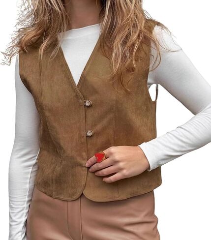 utcoco Women's Faux Suede Vest Fall Vintage Button Down V Neck Sleeveless Cropped Waistcoat for Layering in Saudi Arabia