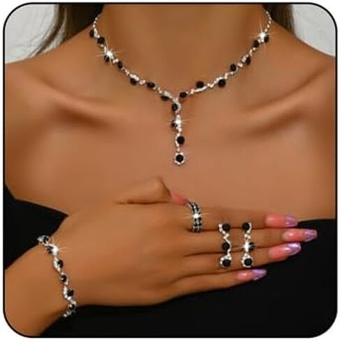 Silver Prom Earrings Necklace Bracelet Ring Set for Women Sparkling Rhinestone Earrings Necklace Bracelet Ring Set Elegant Crystal Jewelry Sets Brides Wedding Prom Party Costume Jewelry in Kuwait