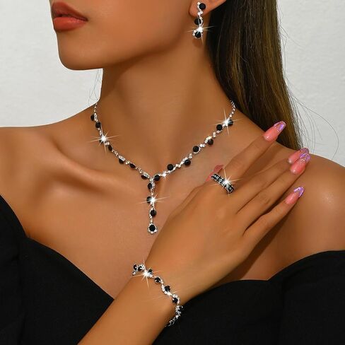 Silver Prom Earrings Necklace Bracelet Ring Set for Women Sparkling Rhinestone Earrings Necklace Bracelet Ring Set Elegant Crystal Jewelry Sets Brides Wedding Prom Party Costume Jewelry in Kuwait
