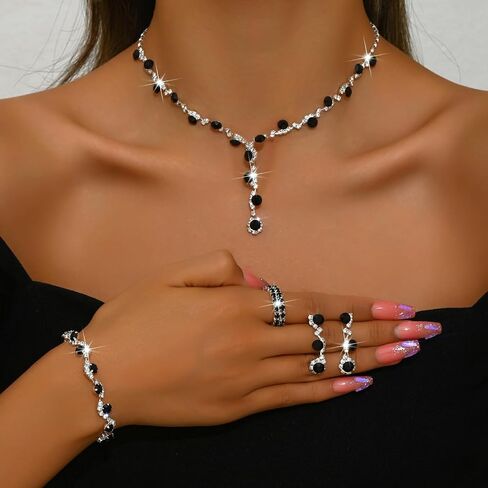 Silver Prom Earrings Necklace Bracelet Ring Set for Women Sparkling Rhinestone Earrings Necklace Bracelet Ring Set Elegant Crystal Jewelry Sets Brides Wedding Prom Party Costume Jewelry in Kuwait